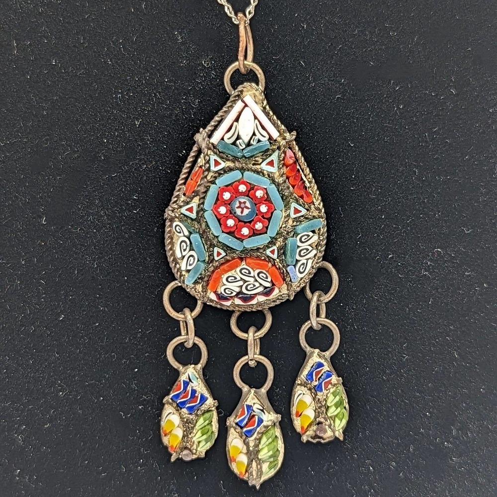 Antique Italian Micro-Mosaic Silver Pendant Lavalier Necklace w Sterling Chain